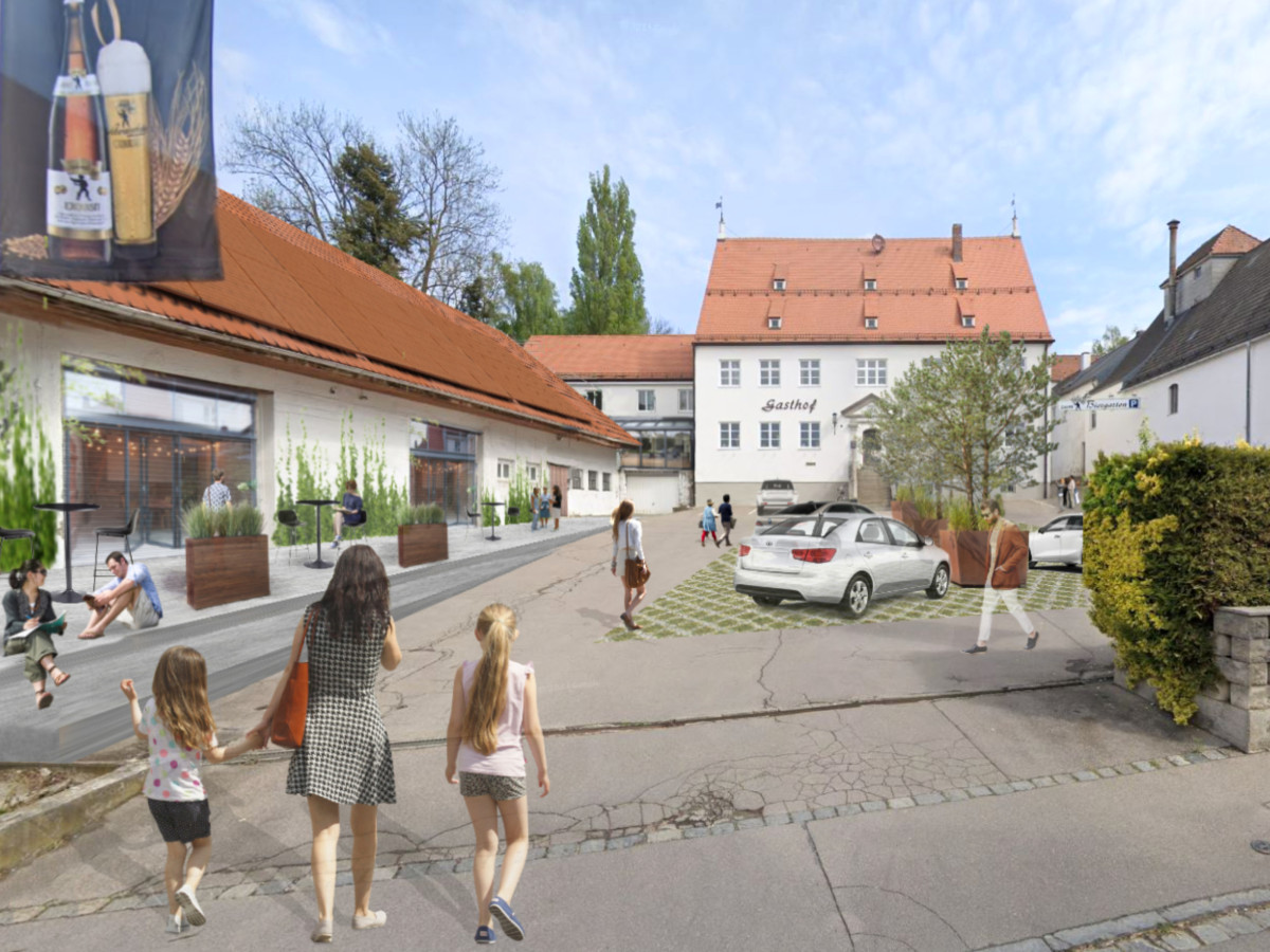 Visualisierung einer Stra&szlig;enszene mit modernem Gasthof Schmid, mehreren Personen und einem geparkten Fahrzeug vor historischen Geb&auml;uden mit roten Ziegeld&auml;chern.