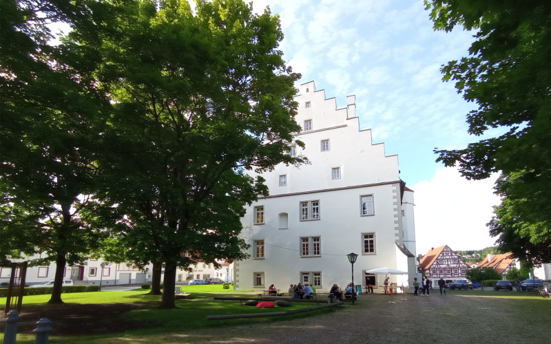Hof mit einem weißen historischen Gebäude. Menschen sitzen auf der Wiese im Schatten der großen Bäume